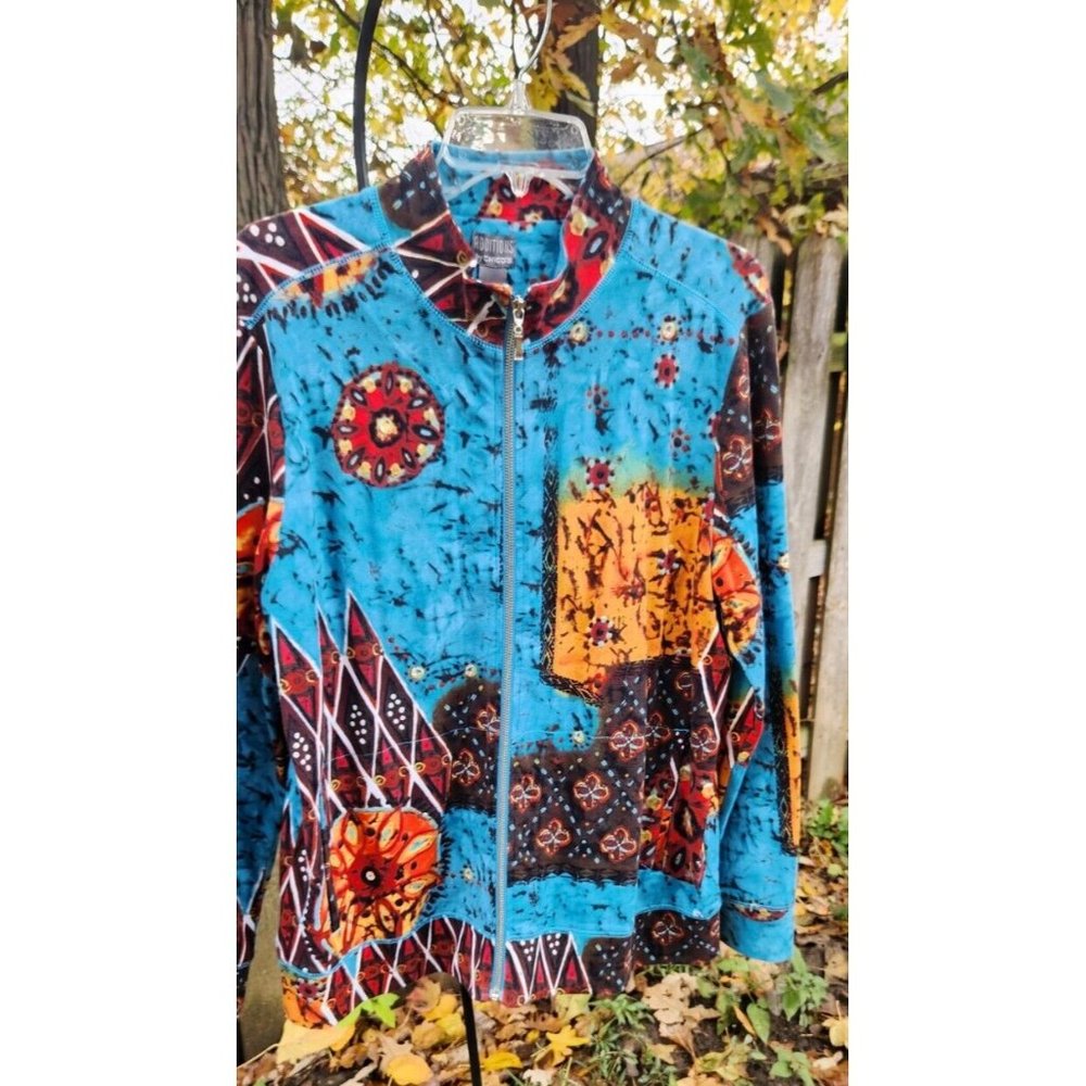 Chico's Womens Colorful Abstract Sweater Cotton Blend Size 2 Full Zip Large